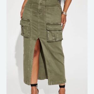 Fashion Nova Khaki Cargo Midi Skirt